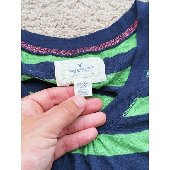 American Eagle Y2K Vintage Striped Puff Sleeve Scoop Neck Top Blue Green XS 90s - Picture 4 of 4